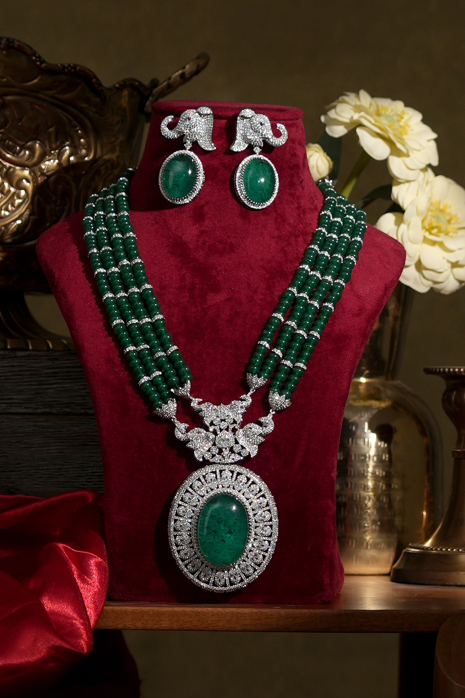 Nyshka Diamond Emerald Bridal Necklace Set for Wedding Wea