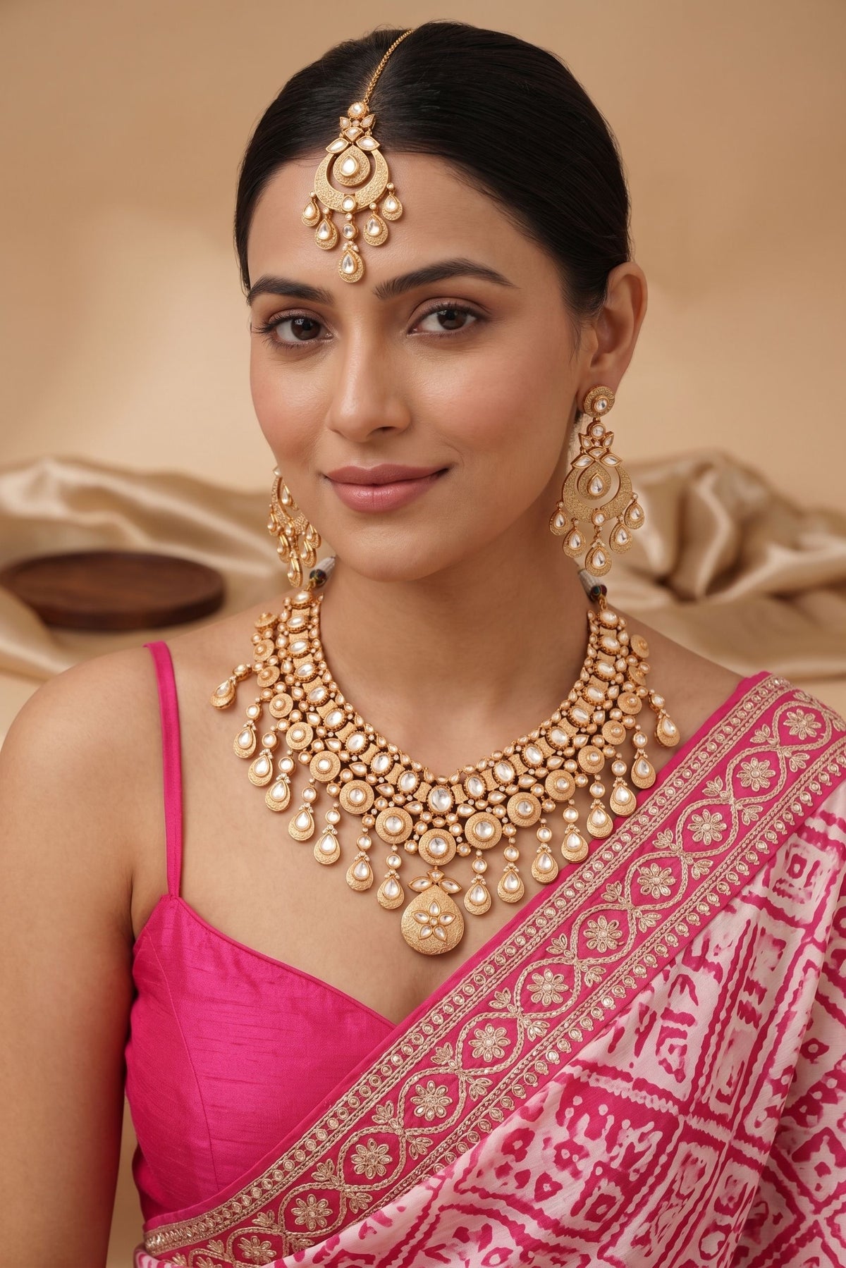Premium Polki Jewellery Kundan Meena Set With Tikka