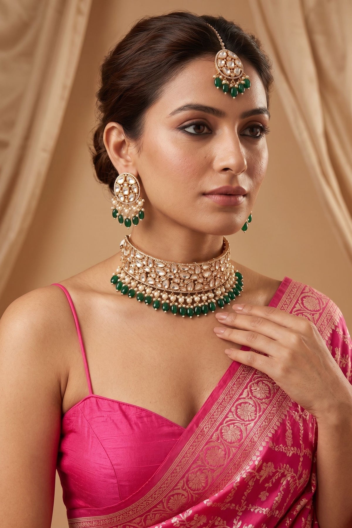 Designer Polki Jewellery Emerald Kundan Set With Tikka