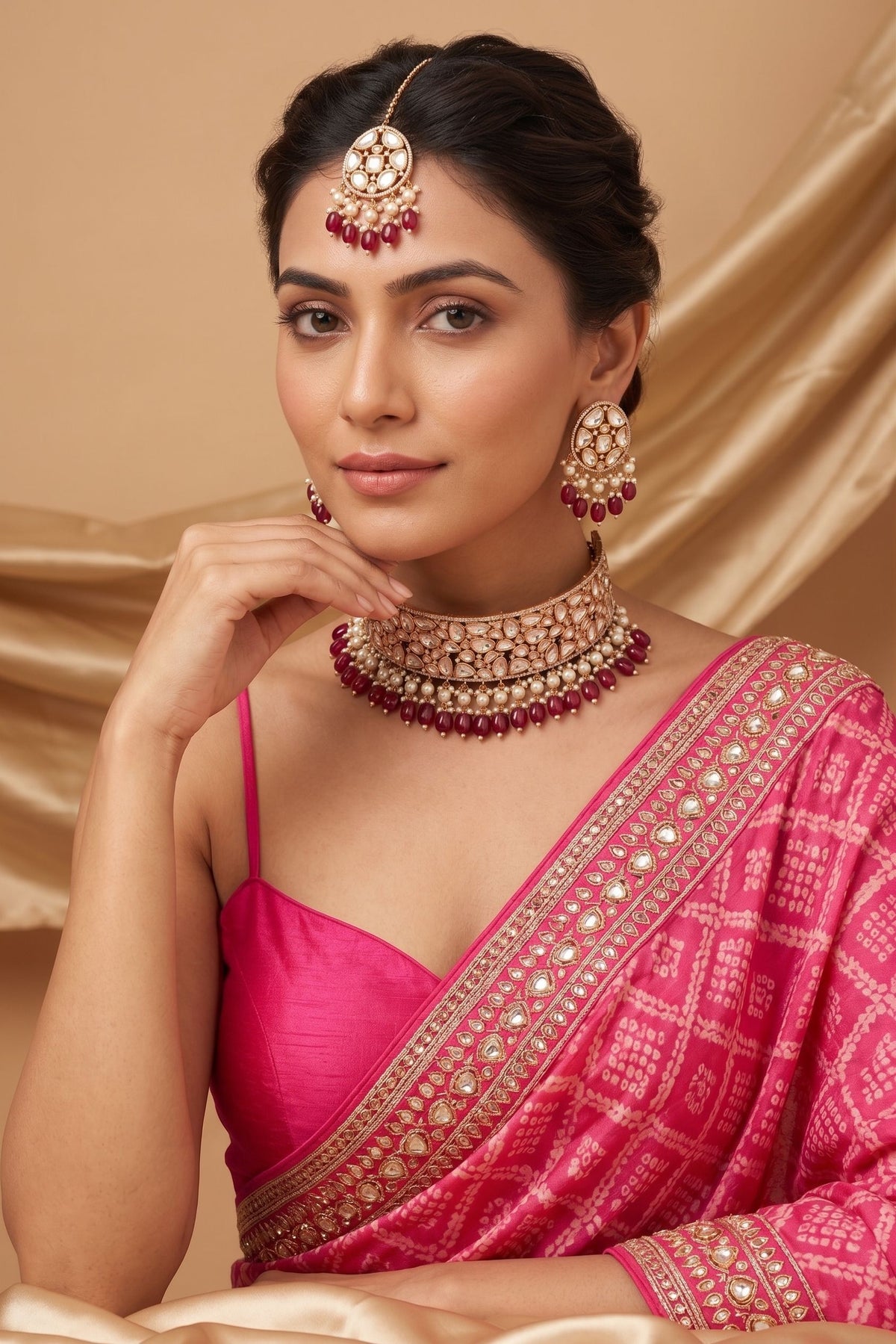 Designer Polki Jewellery Ruby Kundan Set With Tikka
