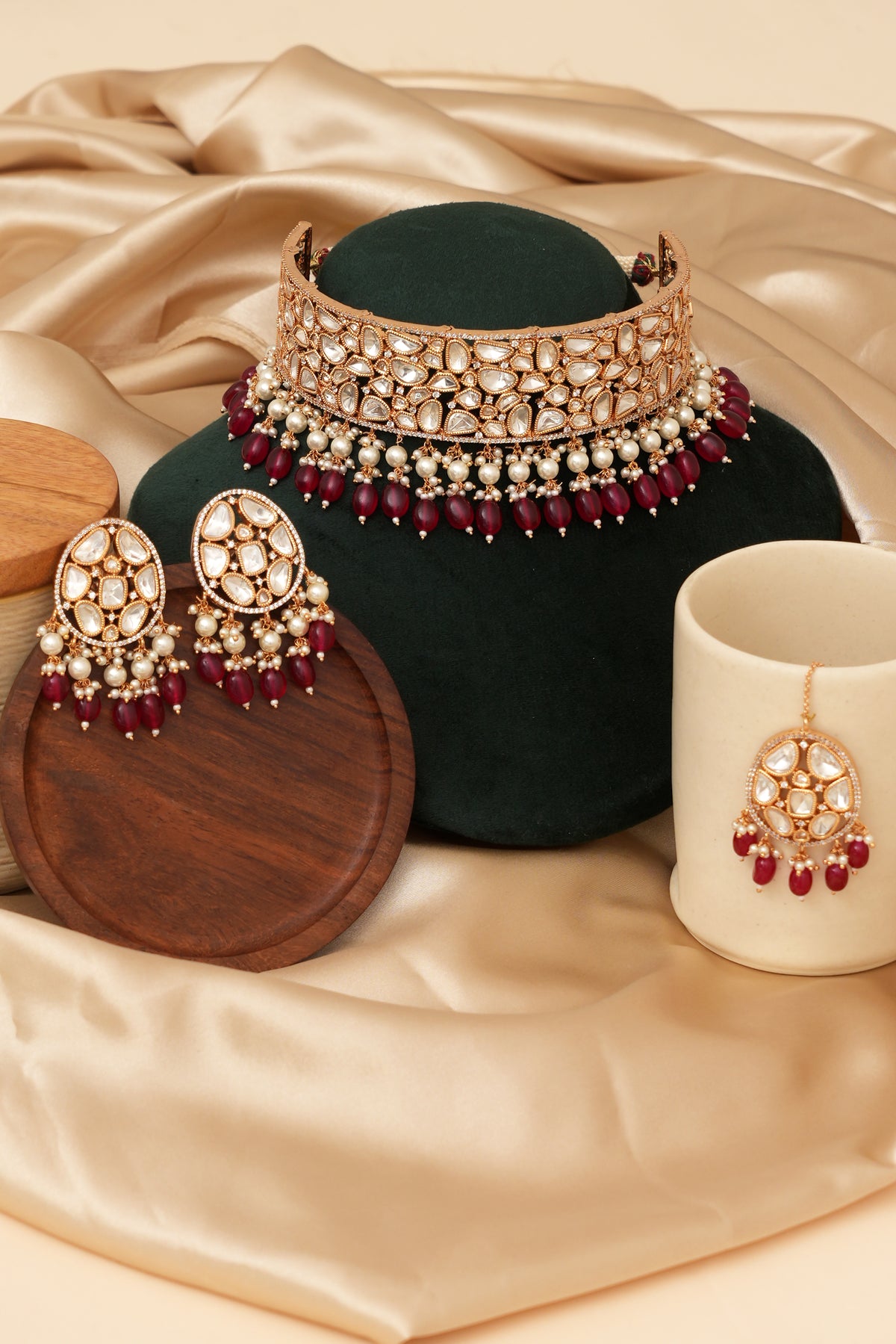 Designer Polki Jewellery Ruby Kundan Set With Tikka