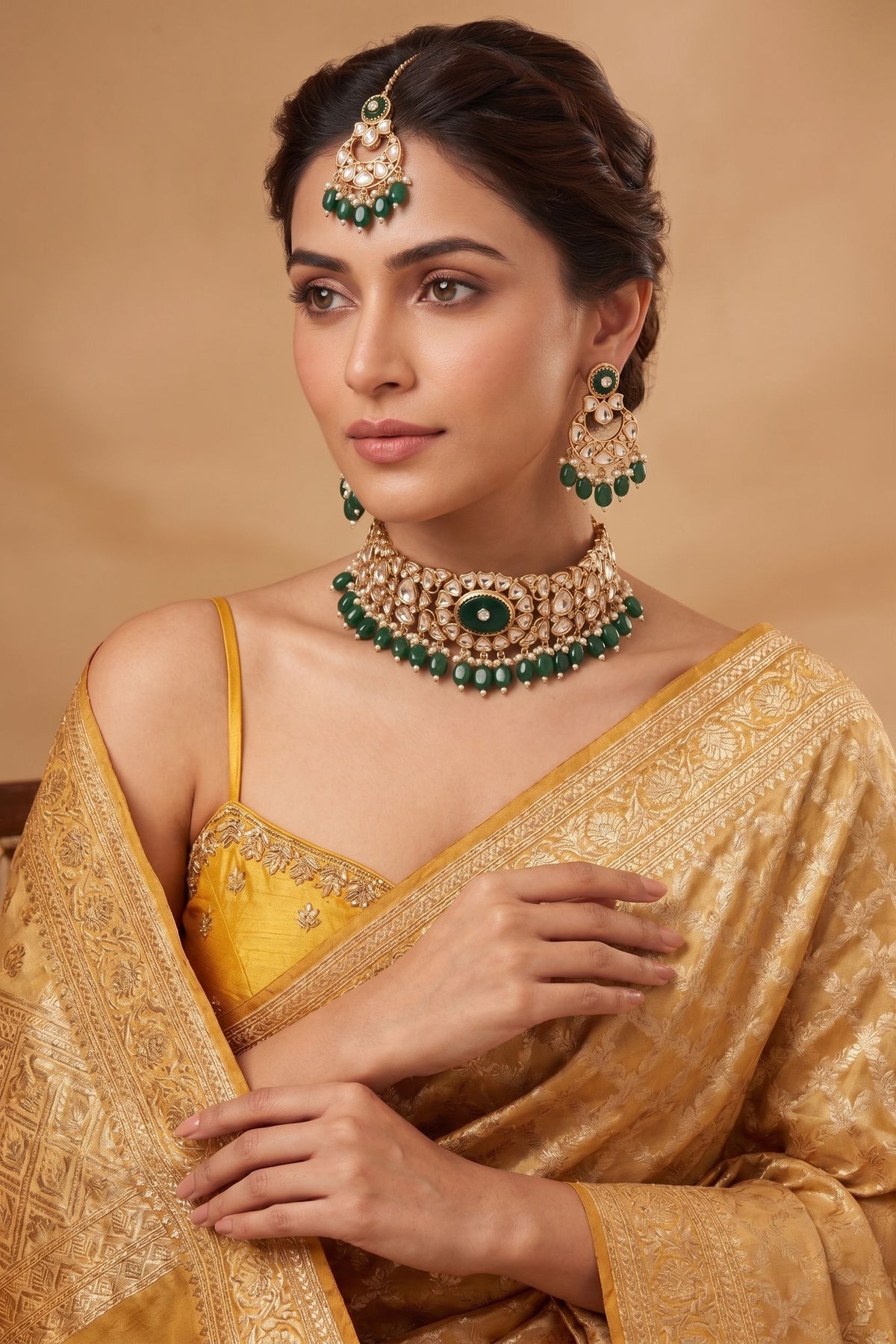 Designer Emerald Jewellery Set With Chandbali Earrings