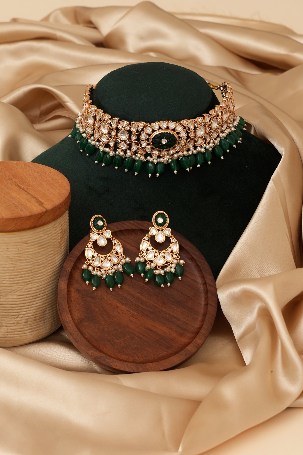 Designer Emerald Jewellery Set With Chandbali Earrings