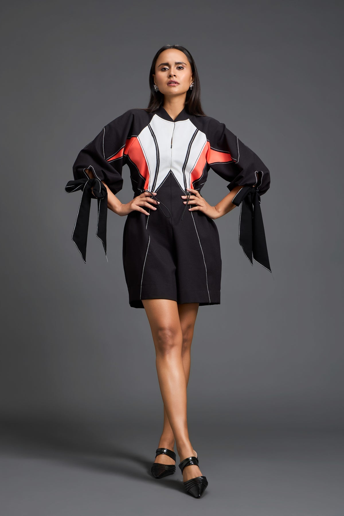 Colour-Block Tie-Up Sleeve Playsuit