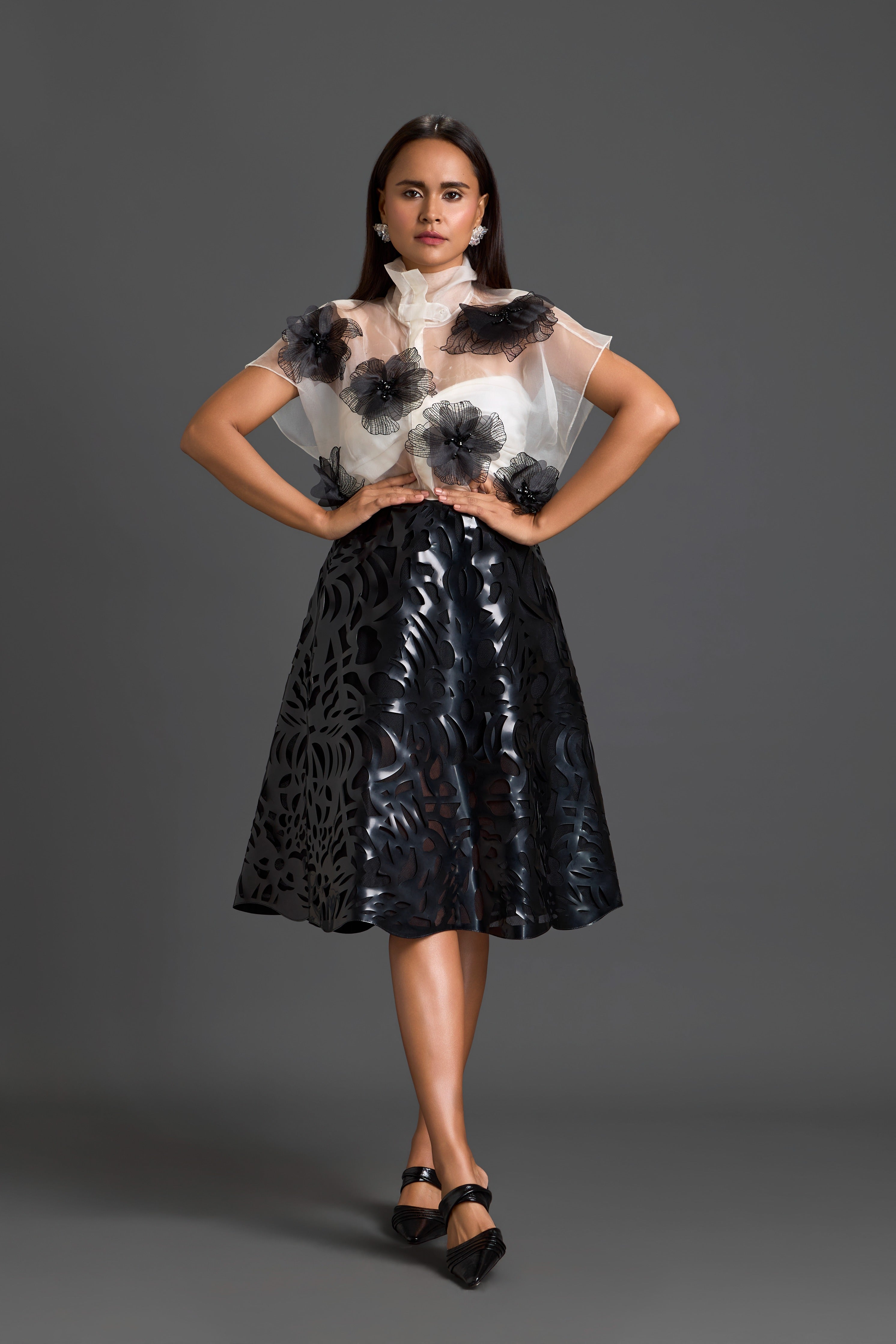 White Floral Top & Black Laser-Cut Skirt