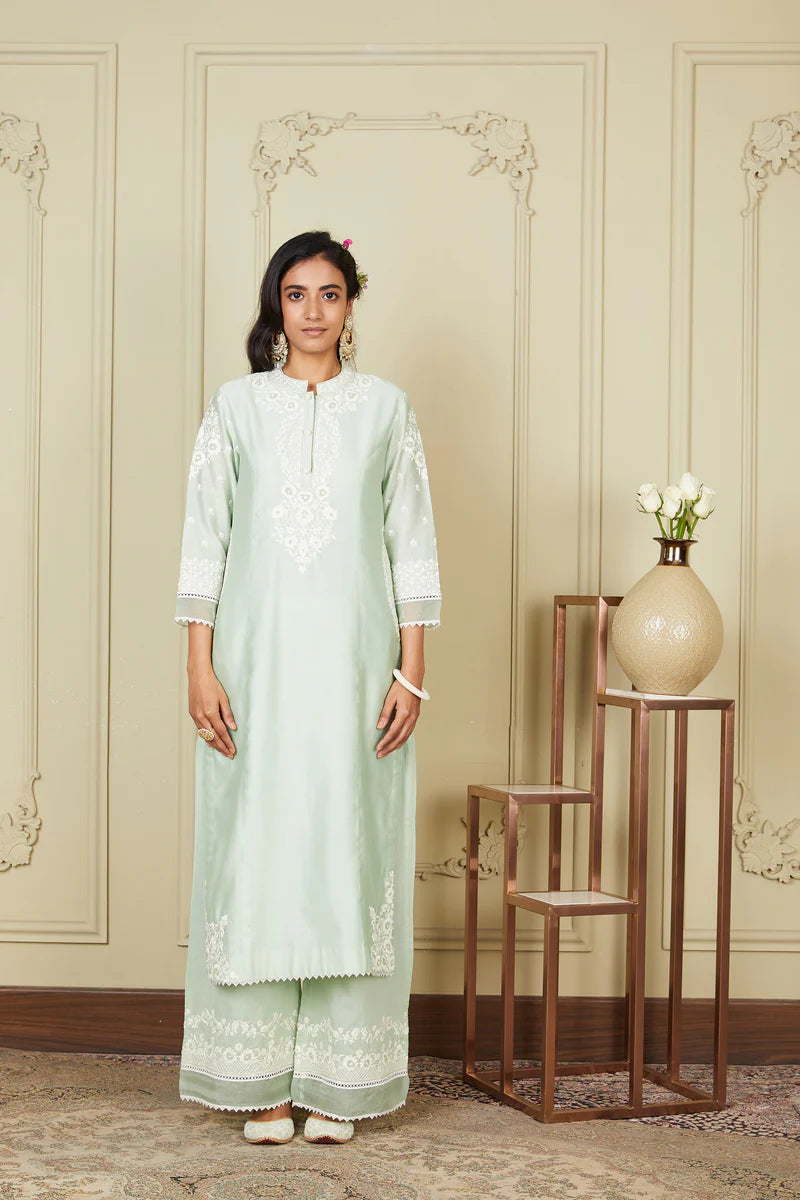 Bahareh Frosty Green Long Kurta With Palazzo
