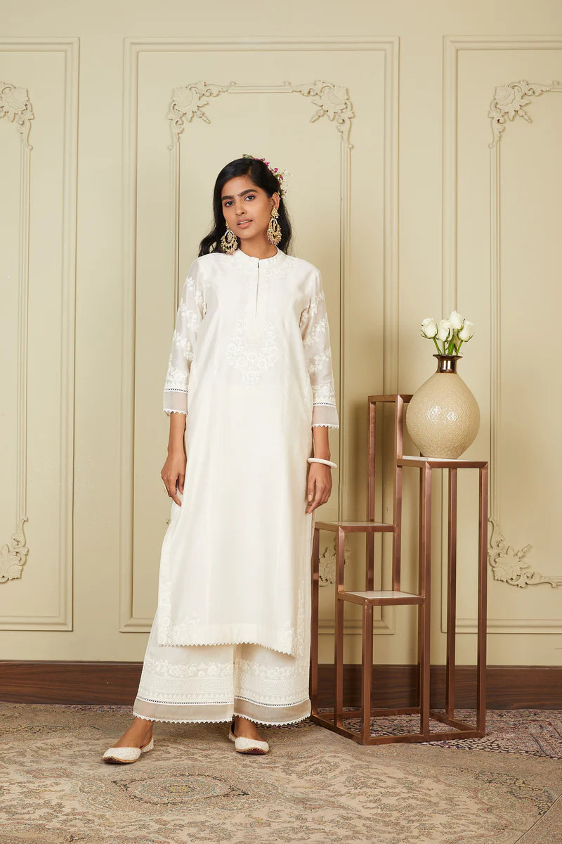 Banafsha Daisy Ivory Long Kurta With Palazzo