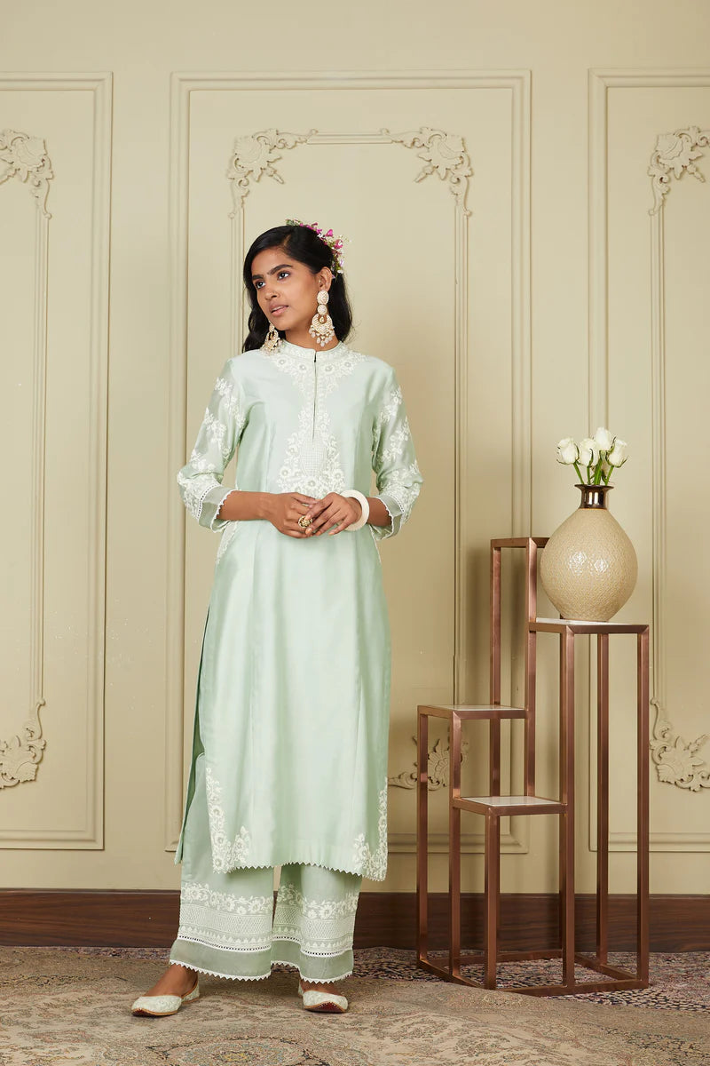 Banafsha Frosty Green Long Kurta With Palazzo