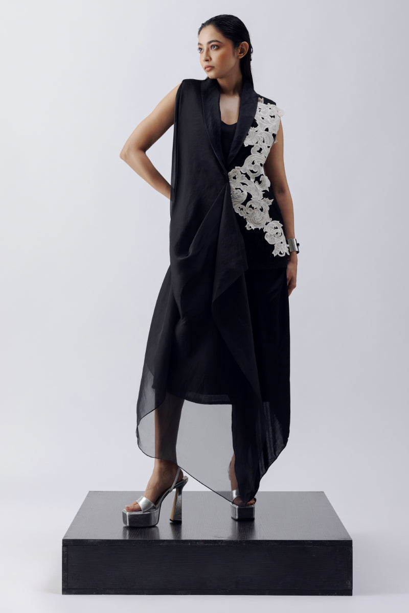 TEXTURED BLAZER WITH APPLIQUE + MODAL SATIN DRESS
