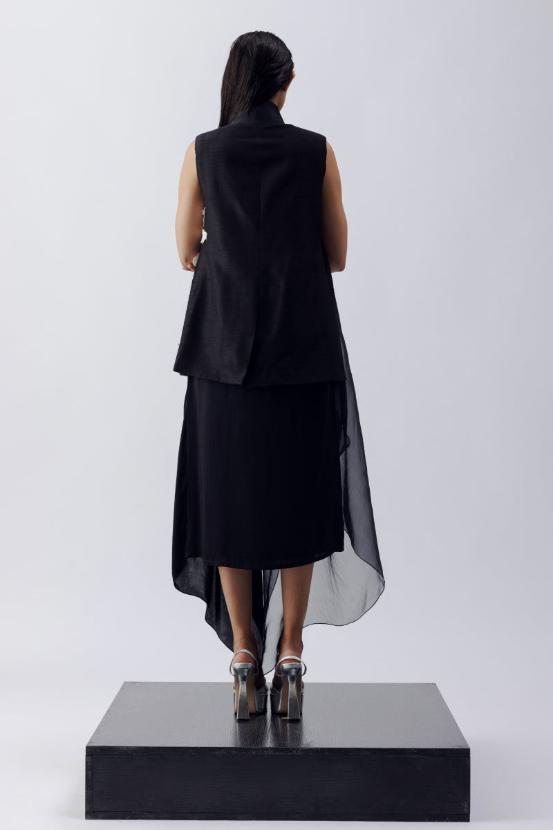 TEXTURED BLAZER WITH APPLIQUE + MODAL SATIN DRESS