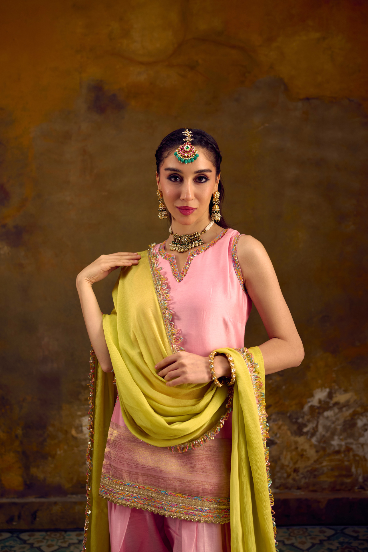 Naad Komal - Blush Pink Farshi Salwar with Lime Green Dupatta