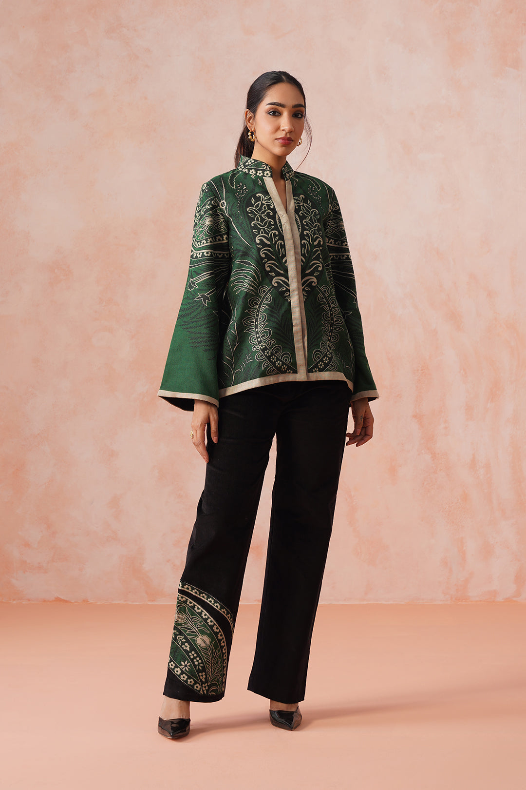 Bottle Green Coat with Corduroy Patchwork Bottom