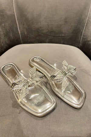 Silver Bow Silver Base Open Toe Flats