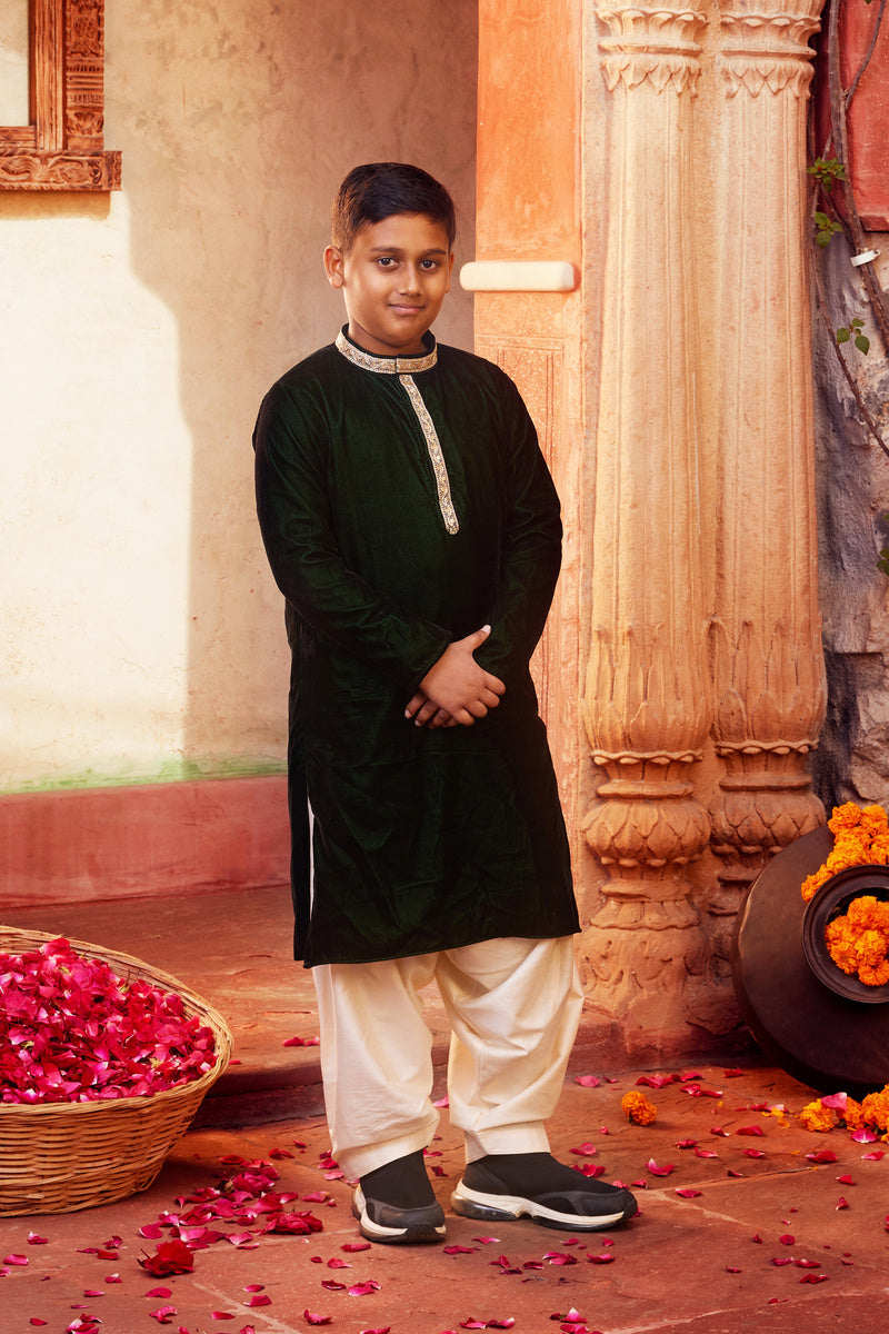 Dark Green Kurta With White Pant