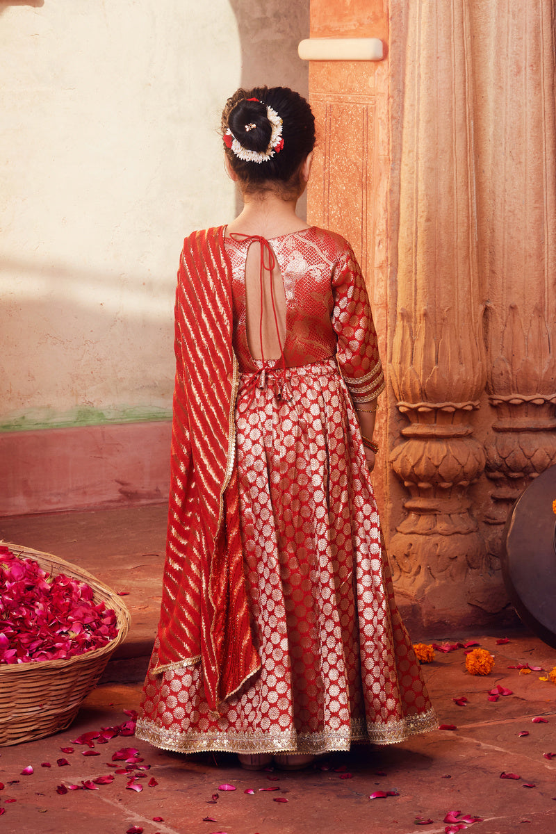 Red Brocade Lehenga With Matching Choli And Dupatta