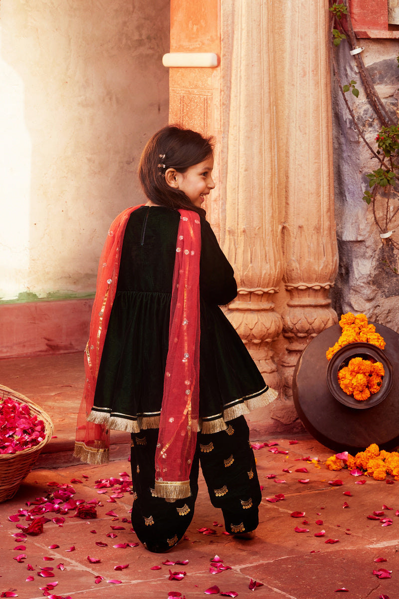 Dark Green Kurta With Matching Salwar And Dupatta
