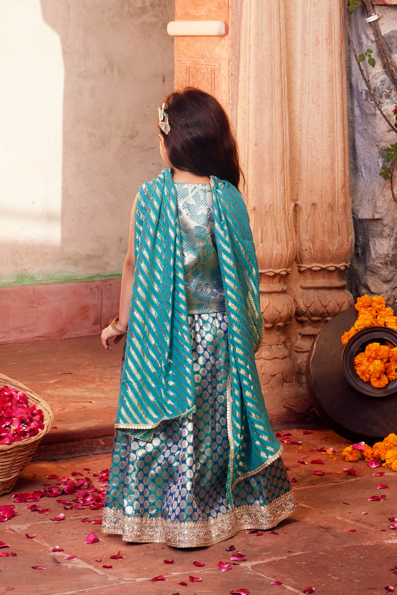 Sky Blue Brocade Lehenga With Matching Choli And Dupatta
