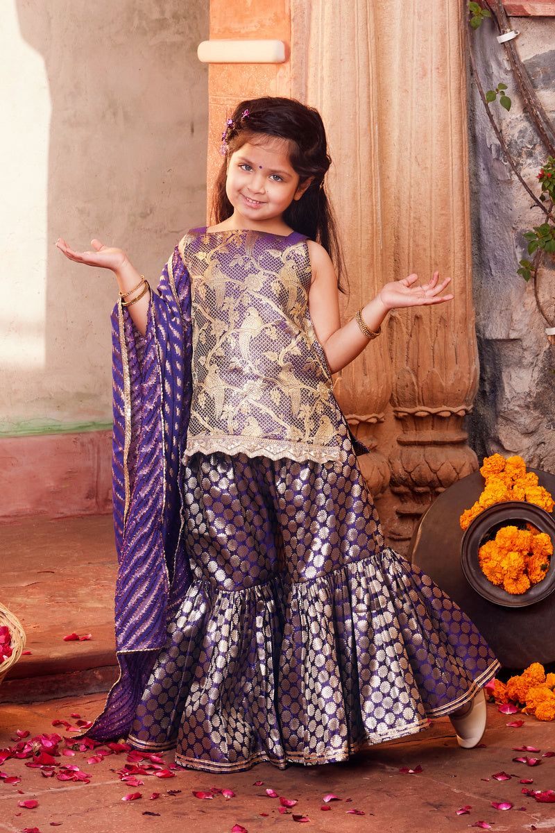 Purple Brocade Kurta With Matching Sharara And Dupatta