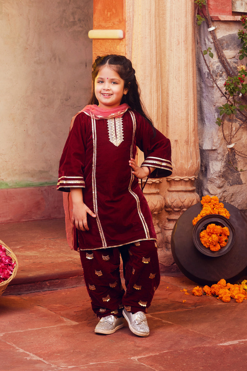 Maroon Kurta With Matching Salwar And Dupatta