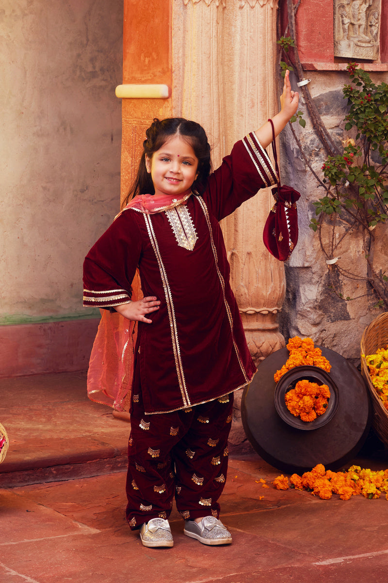 Maroon Kurta With Matching Salwar And Dupatta