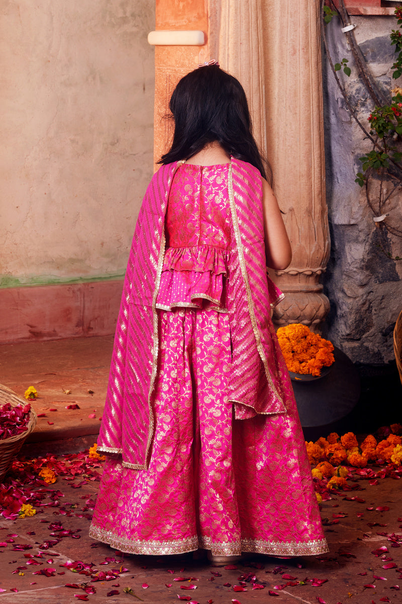 Pink Brocade Lehenga With Matching Choli And Dupatta
