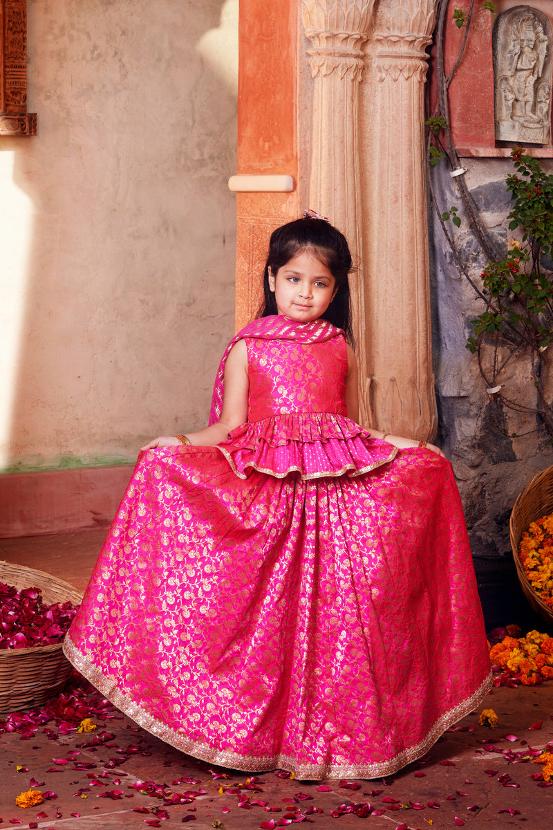 Pink Brocade Lehenga With Matching Choli And Dupatta