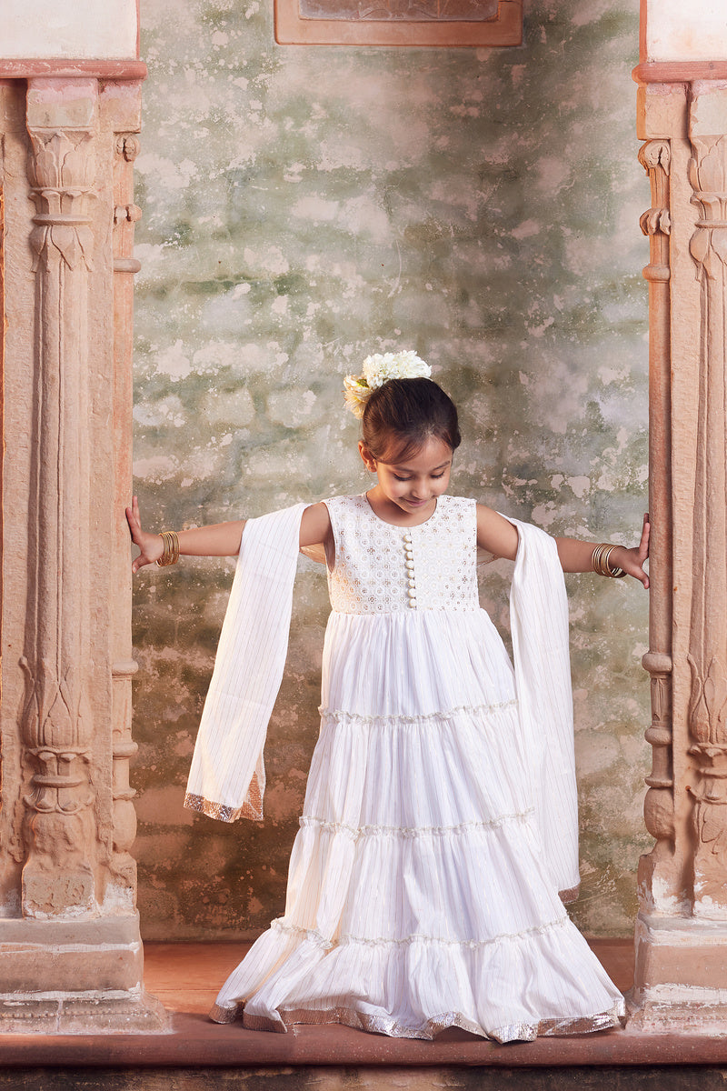 White Anarkali With Matching Dupatta