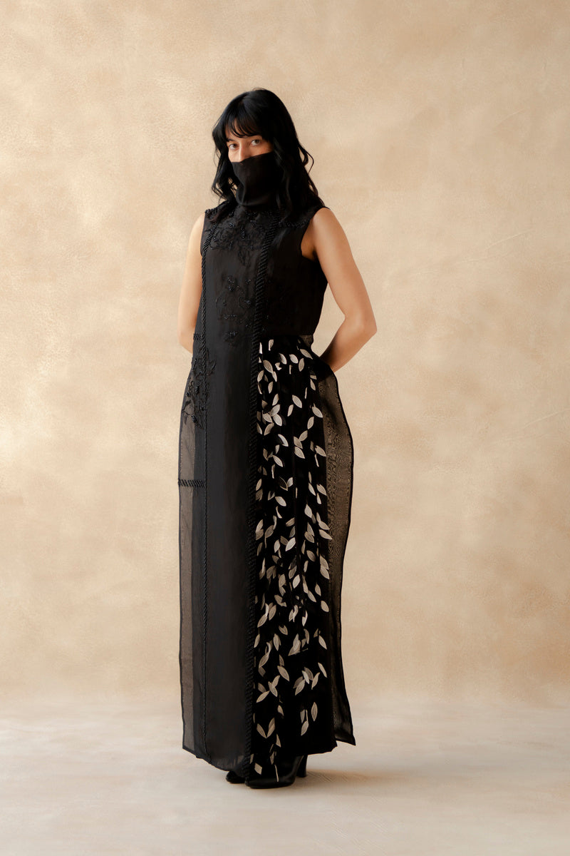 Embroidered High Slit Organza Top With Pants With Tassels