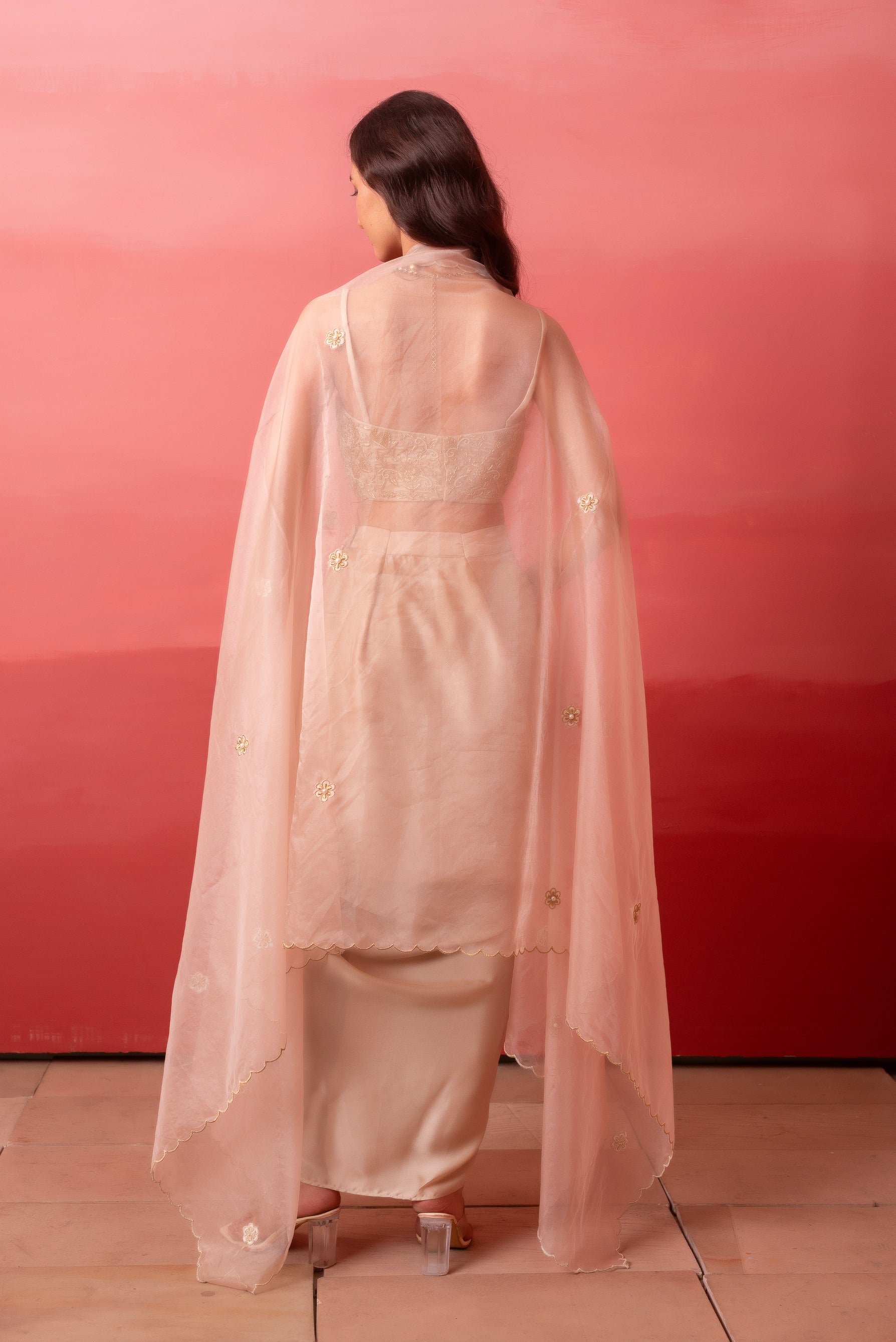 Pre-Draped Skirt With Handwork Blouse & Organza Shrug