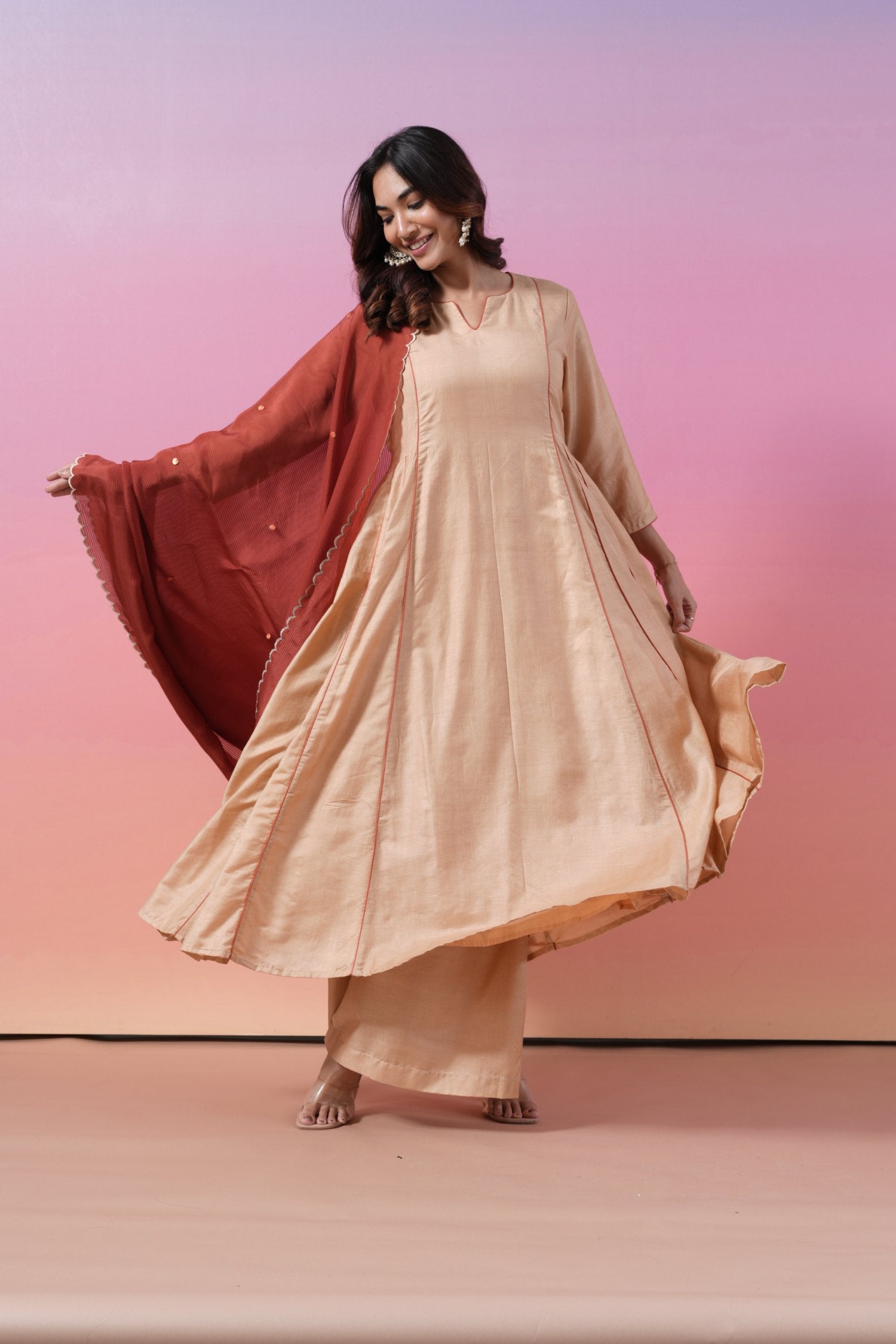 Cream Silk Anarkali Kurta Set