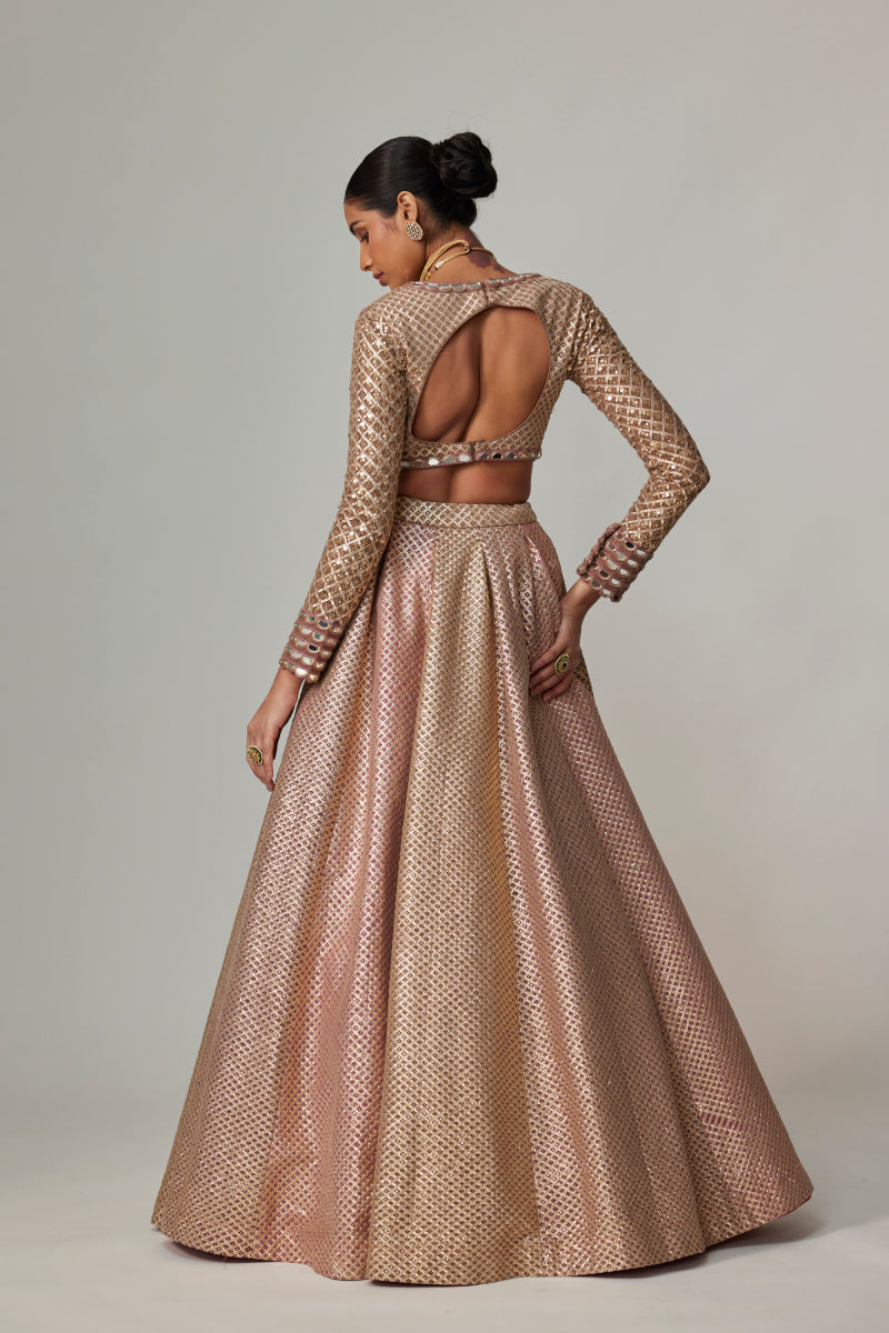 DEEP BEIGE MULTICOLOR V NECK CROP TOP WITH SKIRT