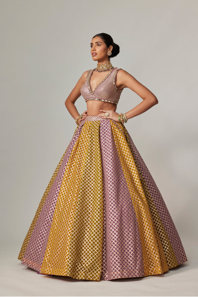 MUSTARD MULTICOLOR CROP TOP WITH SKIRT