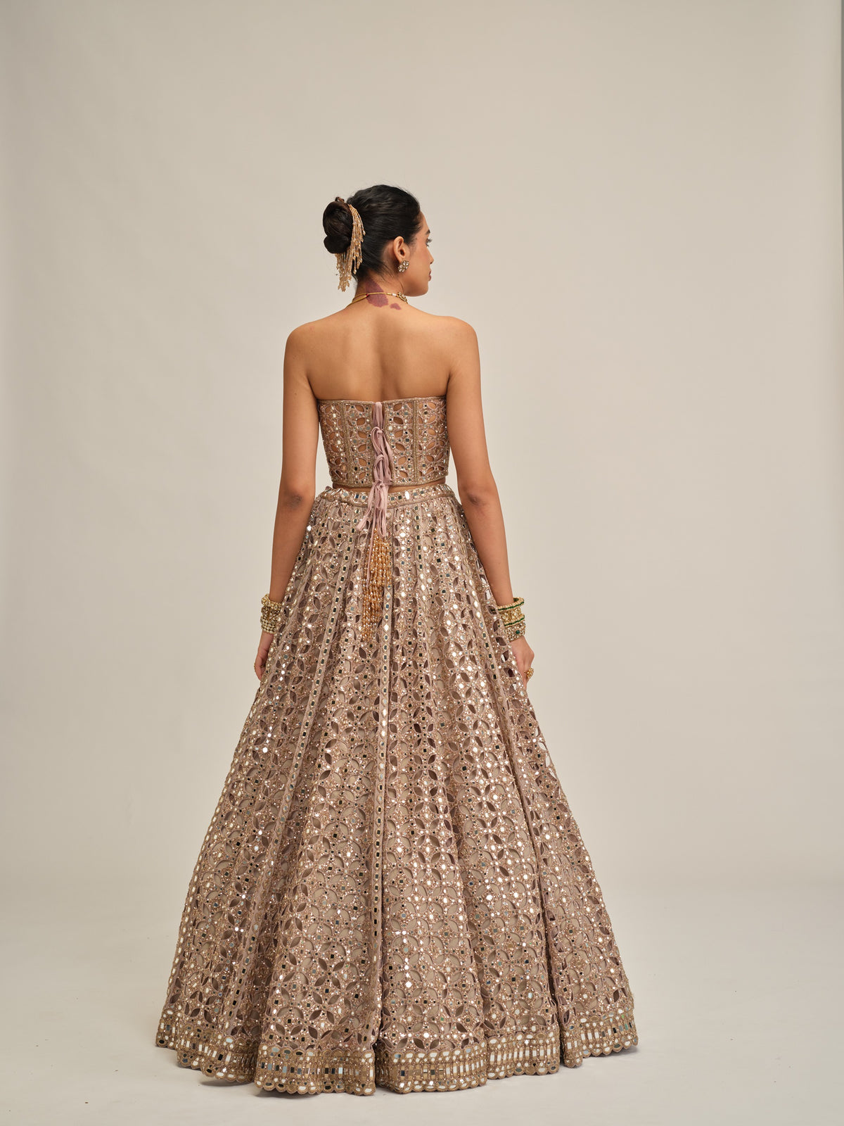 Ash Pink Circular Cutwork Crop Top Skirt Set