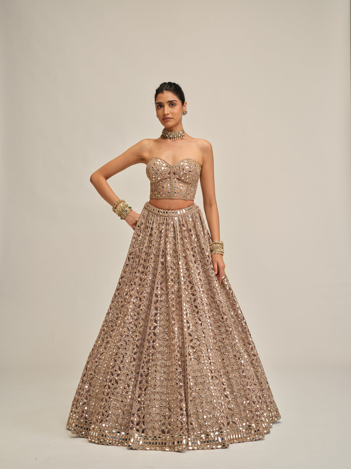 Ash Pink Circular Cutwork Crop Top Skirt Set
