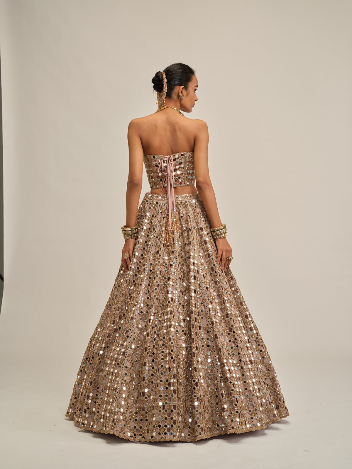 Ash Pink Dense Big Mirror Cutwork Crop Top Skirt Set