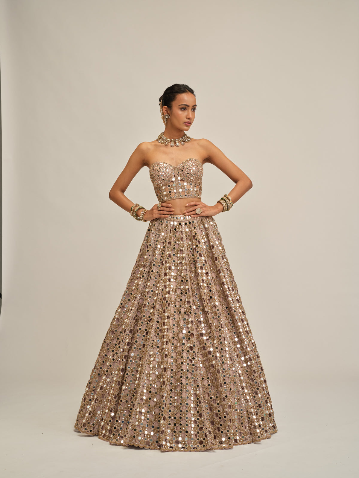 Ash Pink Dense Big Mirror Cutwork Crop Top Skirt Set