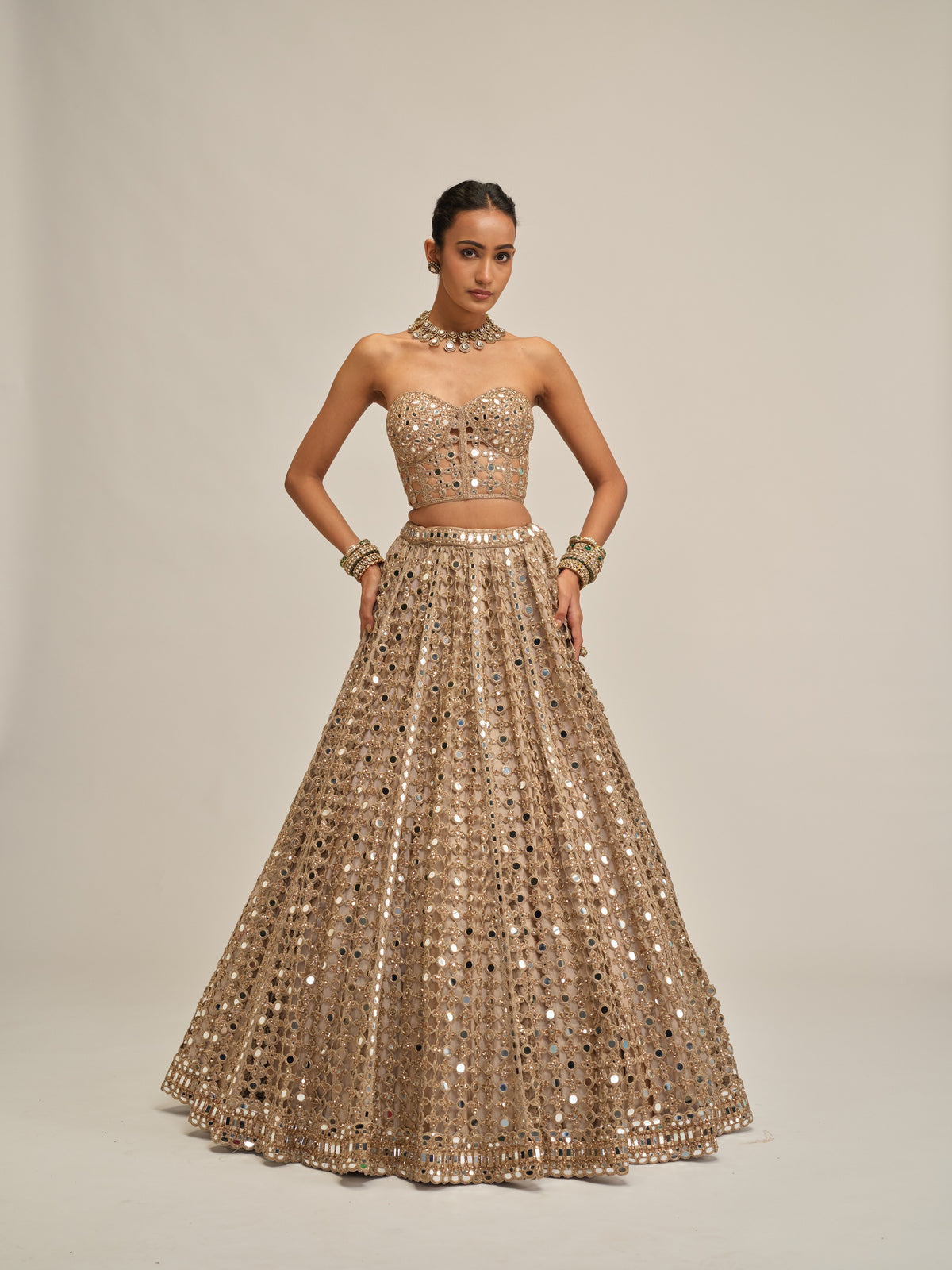 Light Beige Big Mirror Cutwork Crop Top Skirt Set