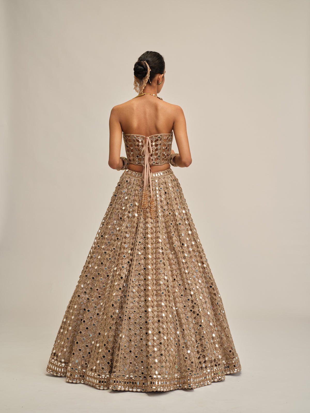 Light Beige Big Mirror Cutwork Crop Top Skirt Set