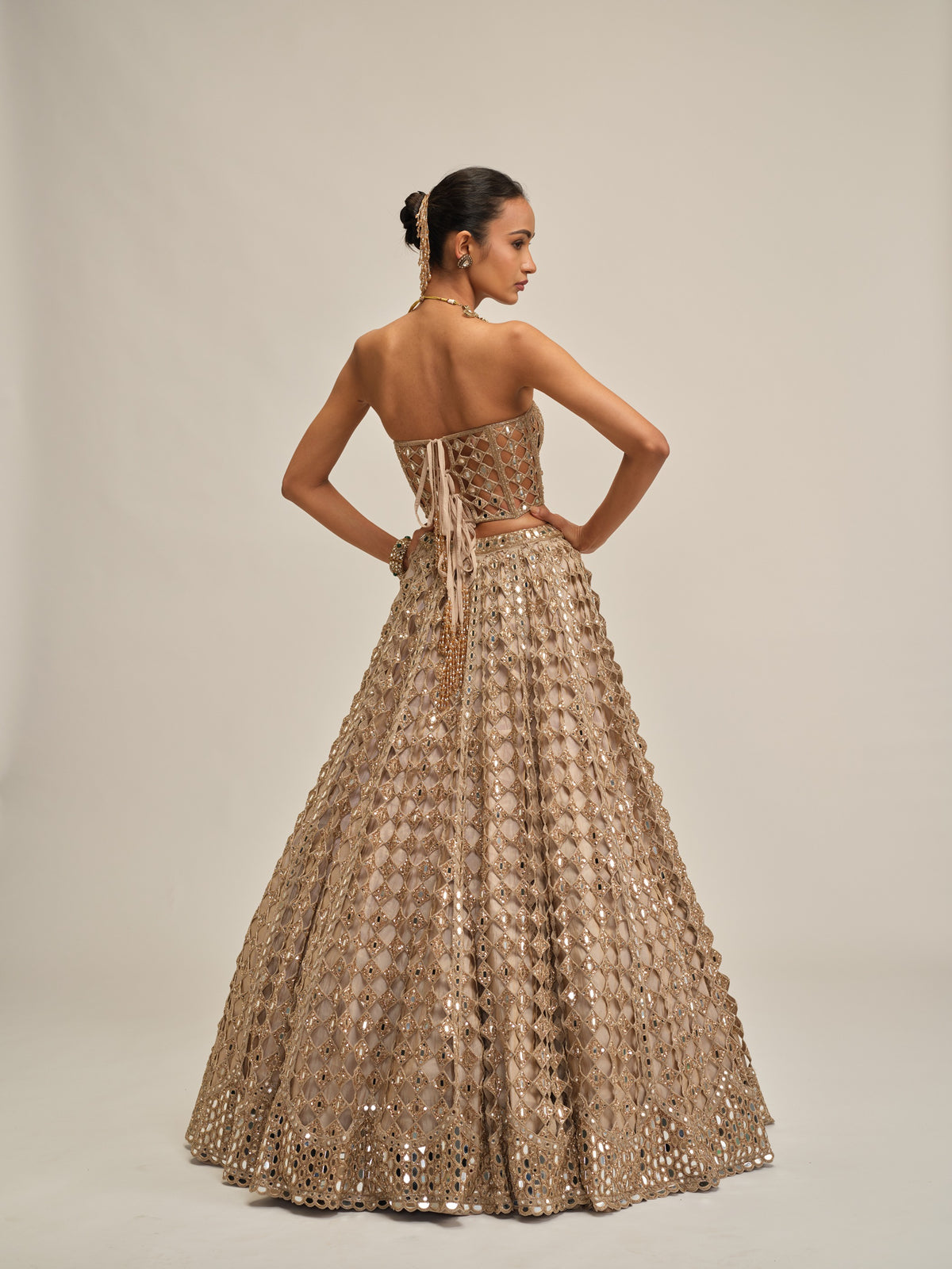 Light Beige Diamond Mirror Cutwork Crop Top Skirt Set
