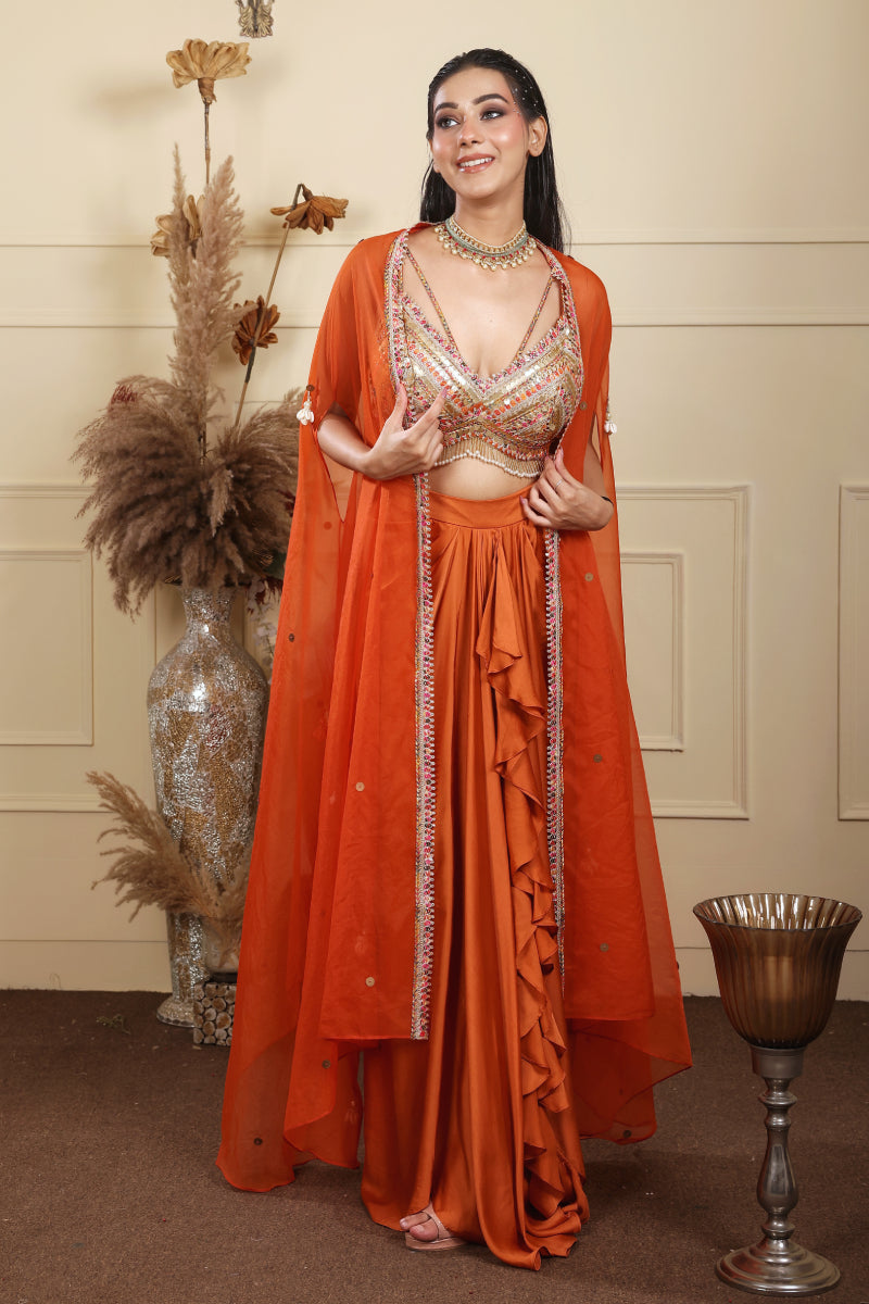 Rust Orange Drape Skirt With Cape