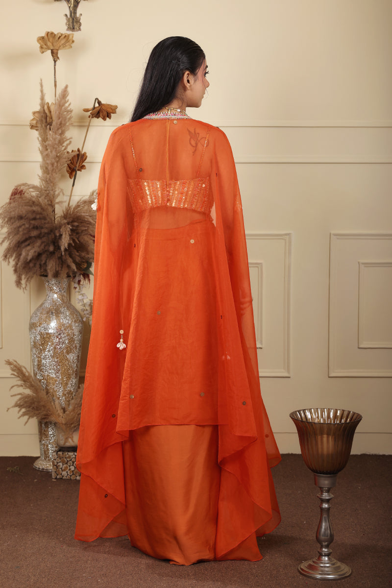 Rust Orange Drape Skirt With Cape