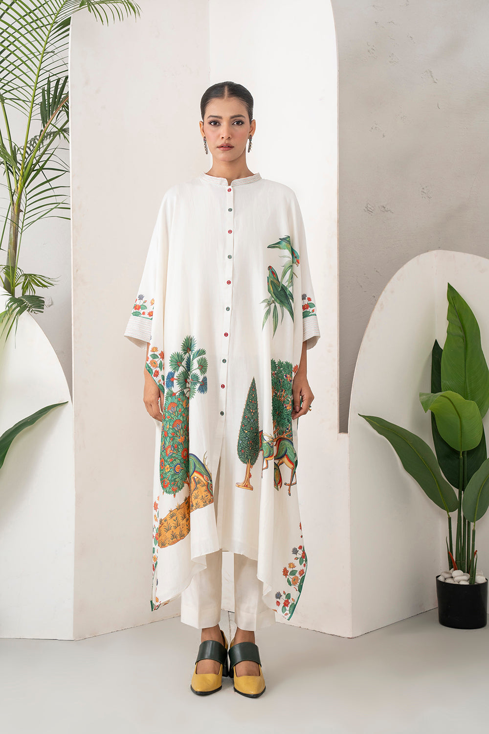Ivory Silk Chanderi Folk Tale Printed Kaftan Set (3 PCS)