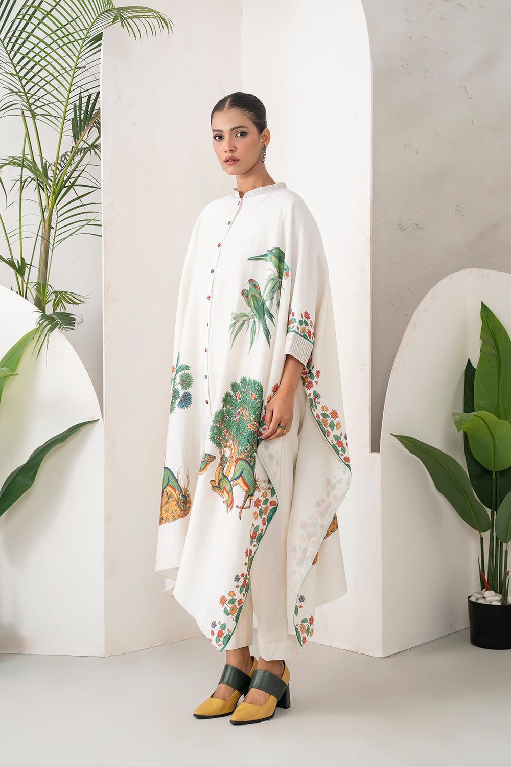 Ivory Silk Chanderi Folk Tale Printed Kaftan Set (3 PCS)