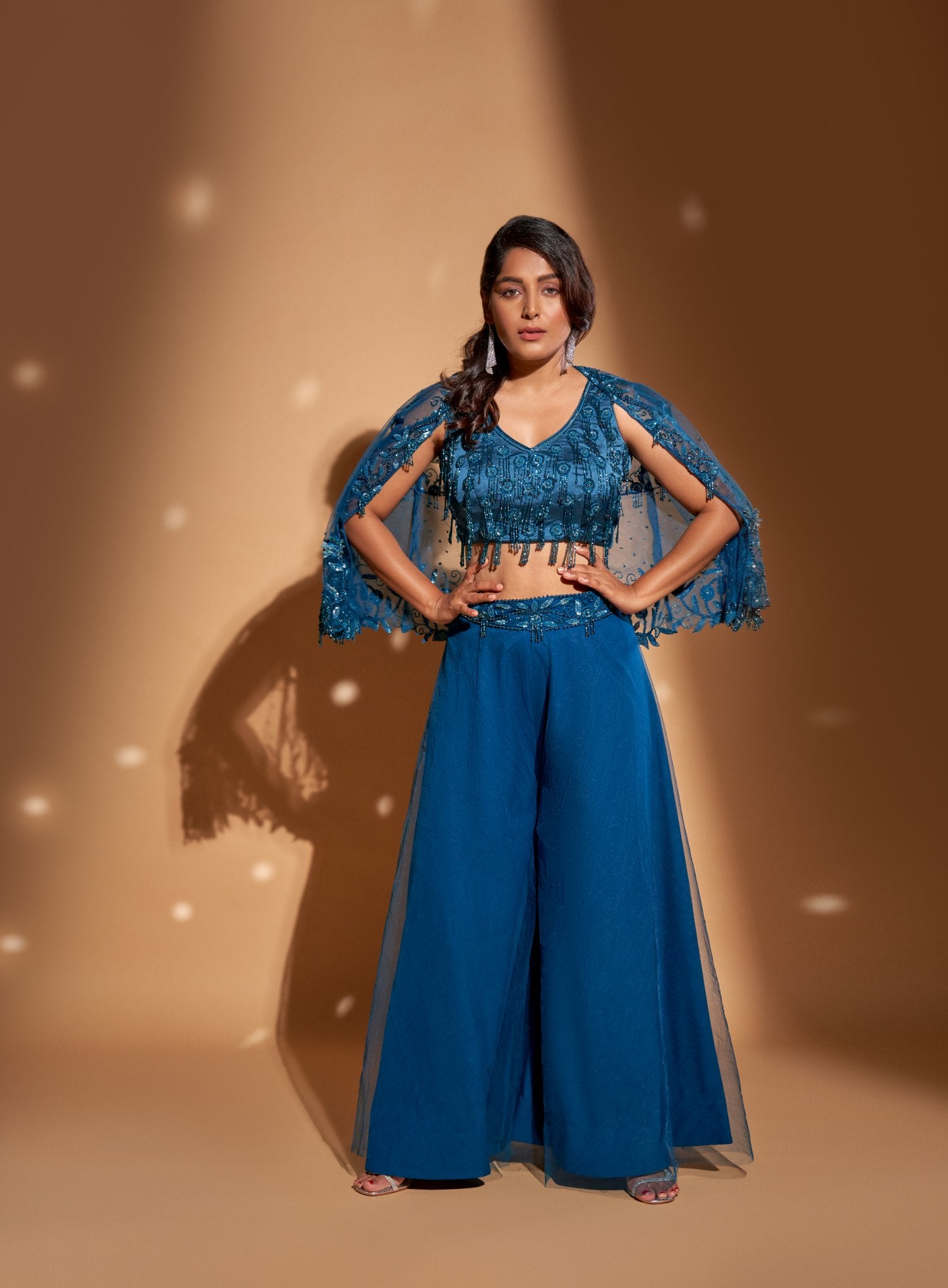Cape Jacket With Embroidered Bustier Embellished Palazzos