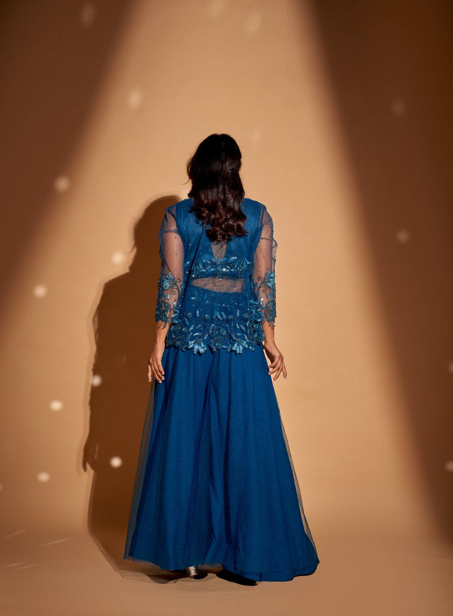 Cape Jacket With Embroidered Bustier Embellished Palazzos