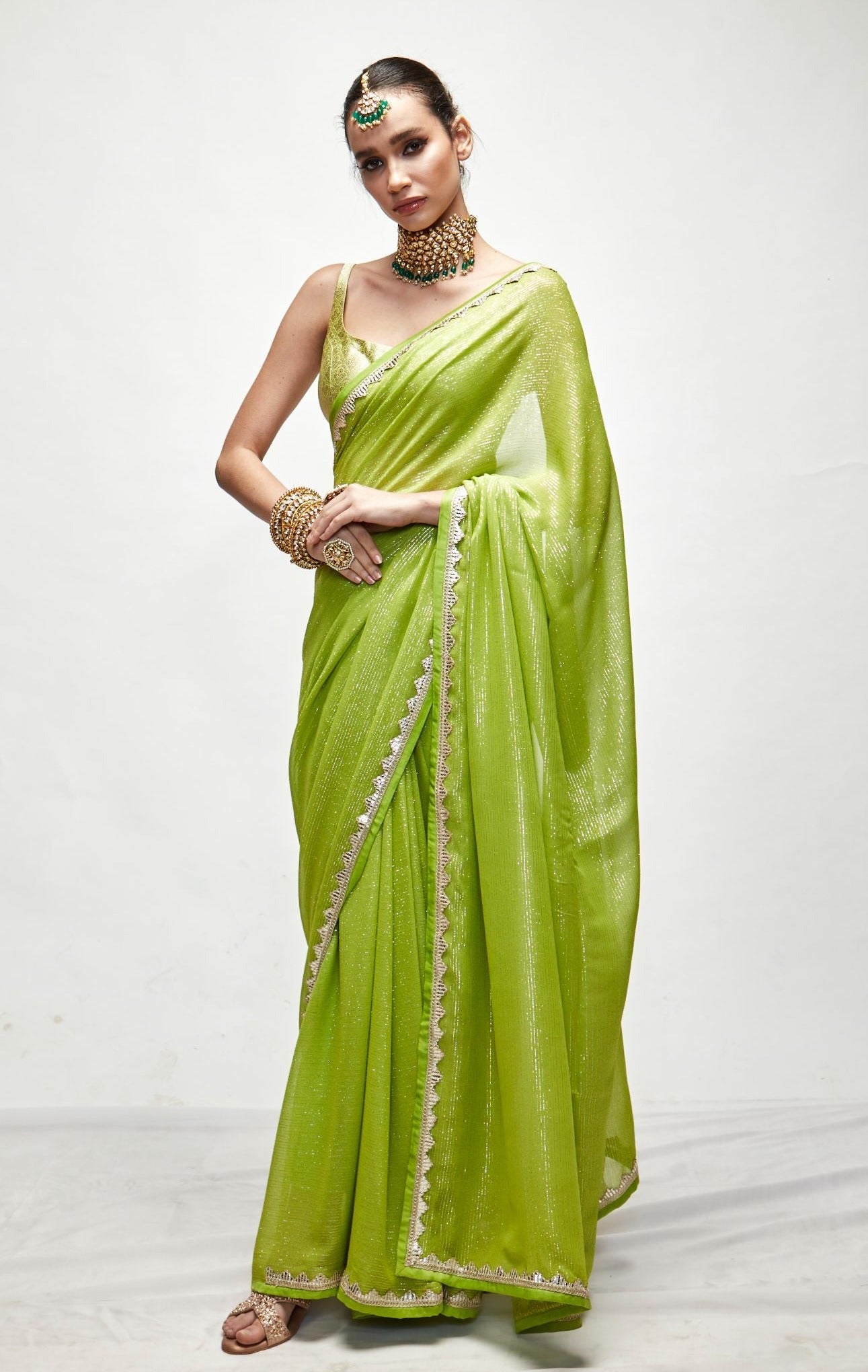 CHARTREUSE GREEN METALLIC SAREE SET
