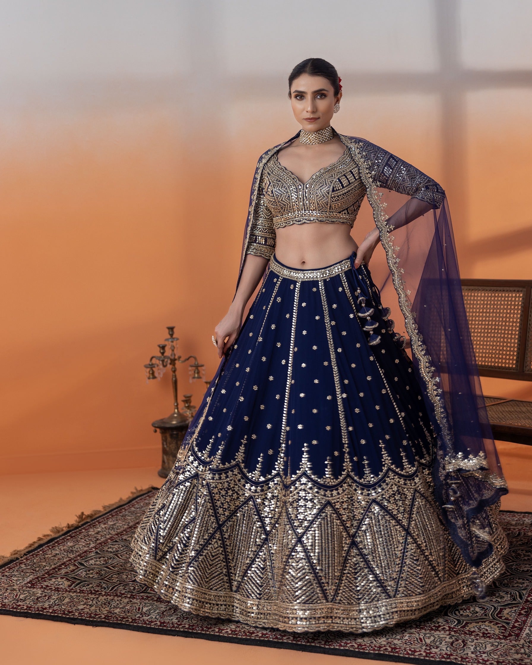 Navy Cut Dana Crop Top & Skirt Set