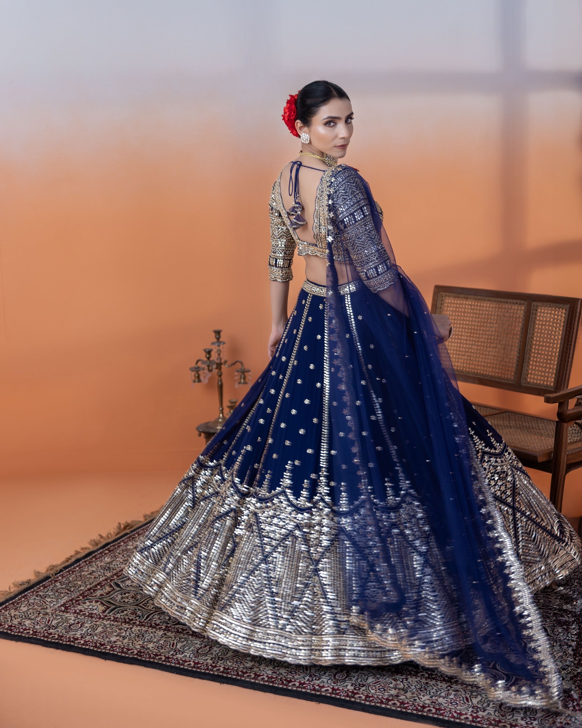 Navy Cut Dana Crop Top & Skirt Set