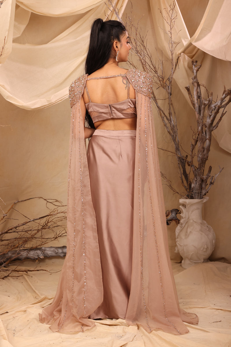 Mauve Drape Skirt With Bustier & Shoulder Cape