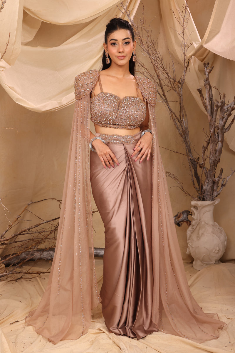 Mauve Drape Skirt With Bustier & Shoulder Cape
